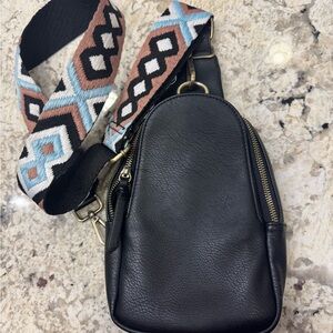 Black Leather Crossbody Bag with Patterned Strap Anthropologie